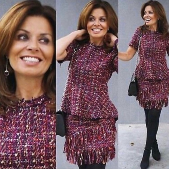 Zara Boucle High Low Peplum Top Short Sleeve Purple Multicolor Raw Edge Fringe S - Picture 13 of 13